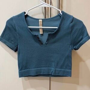 Ribbed Short Sleeve, Scoop Neck Crop Top - Teal Blue